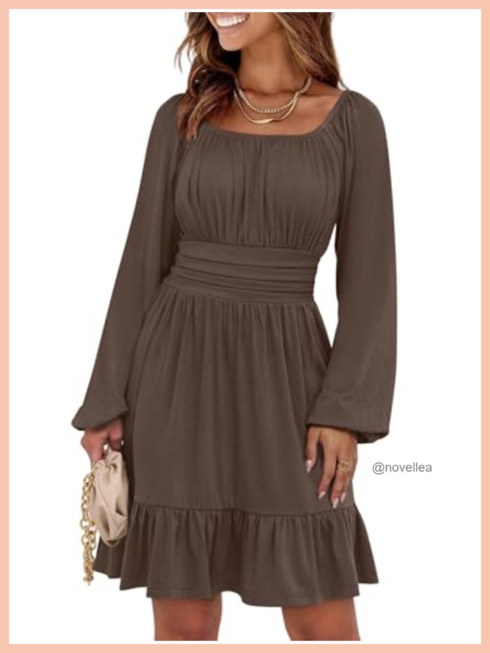 Women's Long Sleeve Square Neck Ruched A-Line Midi Dress Casual